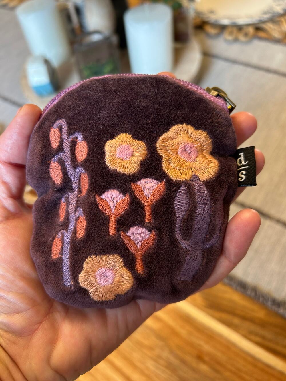 Royal Purple Flower Velvet Pouch Embroidered Velvet Purse Accessory Small Bag